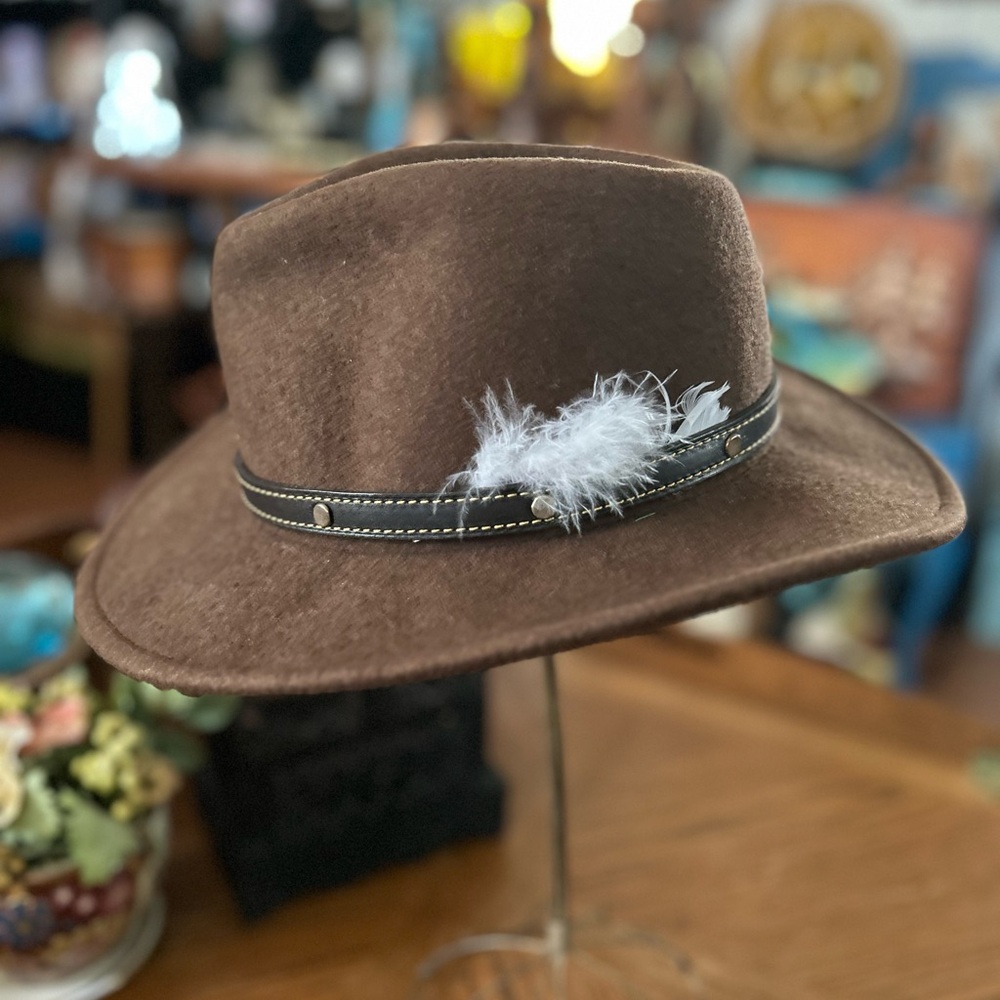 Vintage Brown Wool Cowboy Hat with Leather Band & Feather Accent - Picture 5 of 14